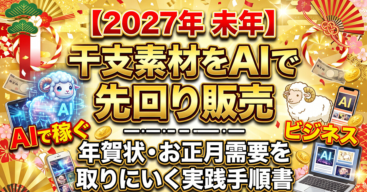【2027年 未年】干支素材をAIで先回り販売|年賀状・お正月需要を取りにいく実践手順書のアイキャッチ画像