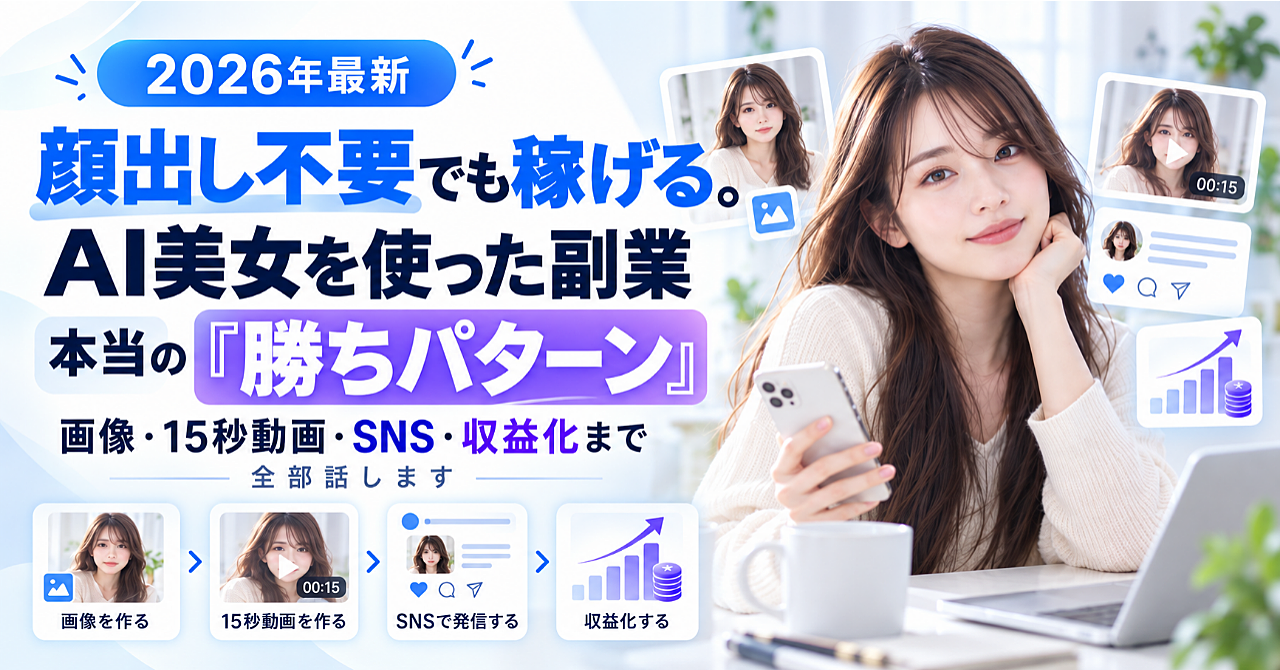 【2026年最新】顔出し不要でも稼げる。AI美女を使った副業、本当の「勝ちパターン」を全部話しますのアイキャッチ画像
