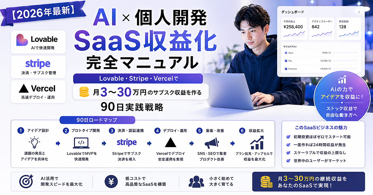 【2026年最新】AI×個人開発SaaS収益化完全マニュアル｜Lovable・Stripe・Vercelで月3〜30万円のサブスク収益を作る90日実践戦略
