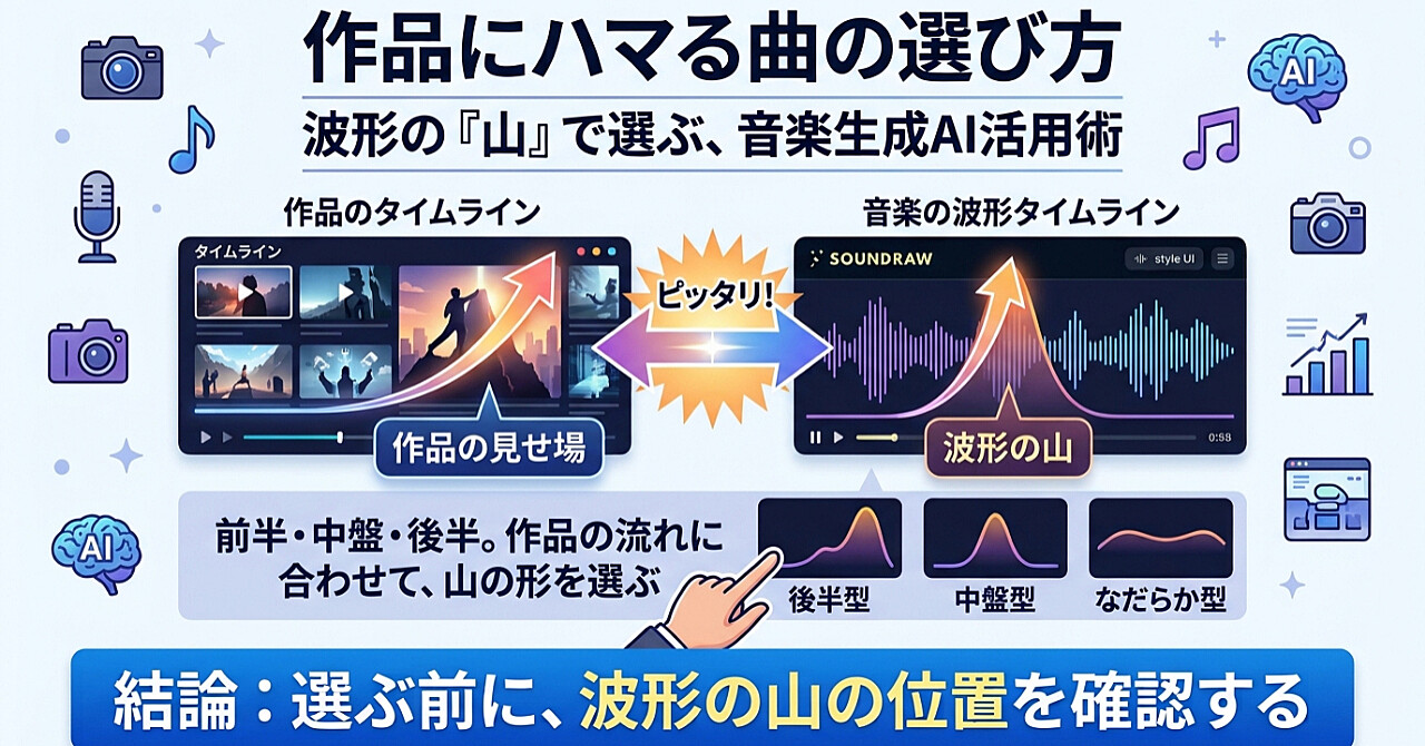 Soundrawで「いい曲なのに合わない」を減らす|波形の盛り上がり位置を見て選ぶのアイキャッチ画像