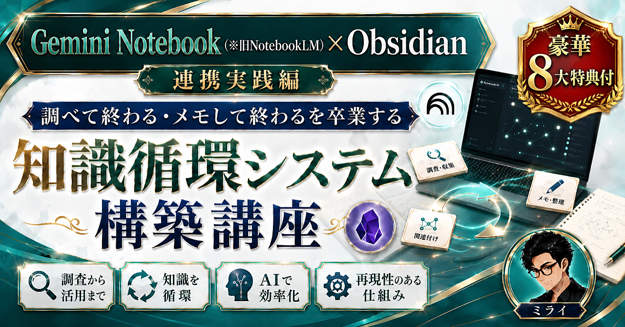※8大特典付き【Gemini Notebook(旧NotebookLM)×Obsidian連携実践編】調べて終わる・メモして終わるを卒業する知識循環システム構築講座のアイキャッチ画像