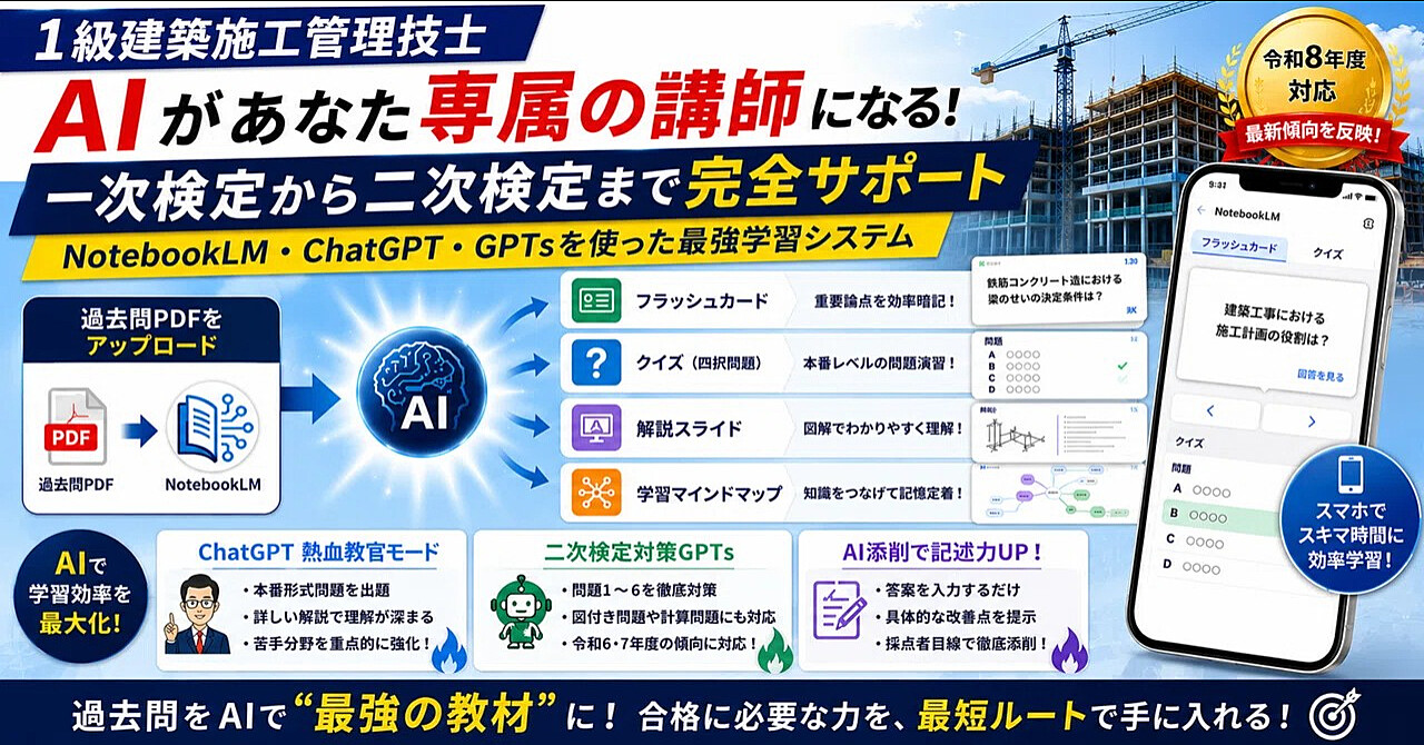 【令和8年度対応】1級建築施工管理技士 AI学習完全パック｜NotebookLM・ChatGPT・GPTsで一次・二次を最短攻略
