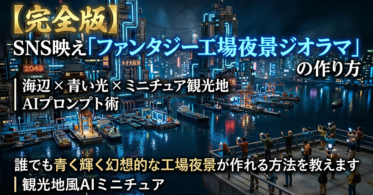【完全版】SNSで映える“幻想工場夜景ジオラマ”の作り方｜海辺×青発光×ミニチュア観光地AIプロンプト術　青く光る幻想工場夜景を誰でも作れる方法教えます｜観光地風AIミニチュア