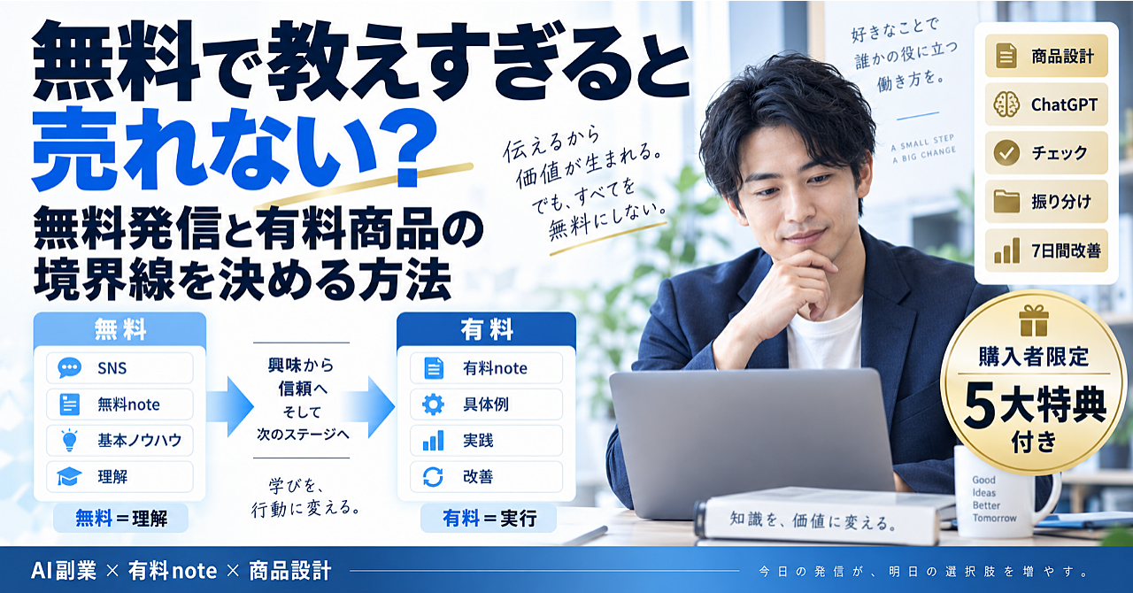 AI副業は「無料で教えすぎる」と売れない?|無料発信と有料商品の境界線を決める方法のアイキャッチ画像