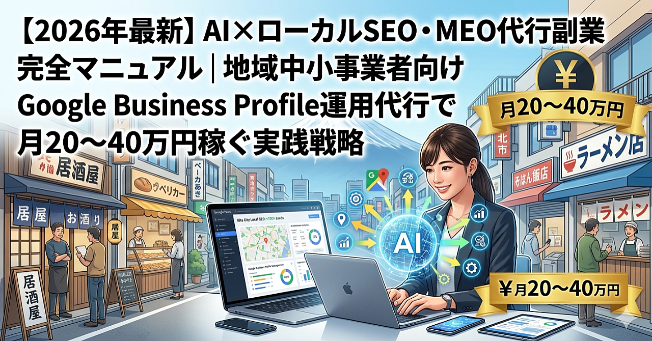 【2026年最新】AI×ローカルSEO・MEO代行副業完全マニュアル｜地域中小事業者向けGoogle Business Profile運用代行で月20〜40万円稼ぐ実践戦略