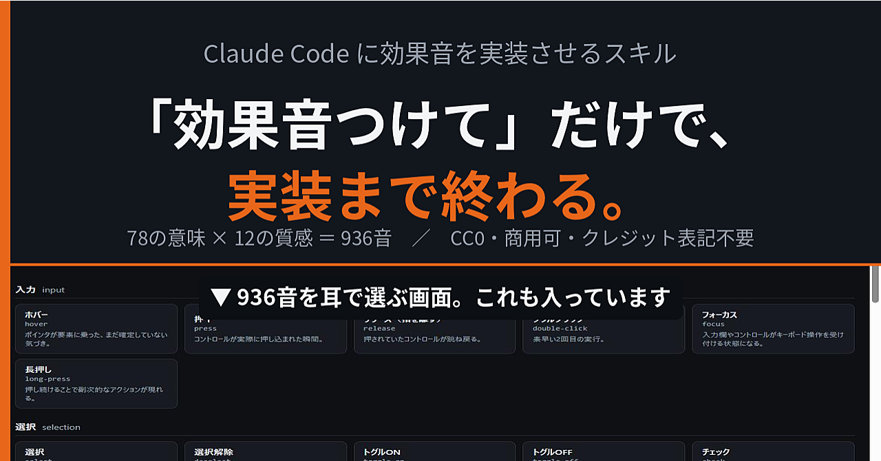 Claude Codeに「効果音つけて」で終わる。936音のUIサウンド実装スキル【CC0・商用可】のアイキャッチ画像