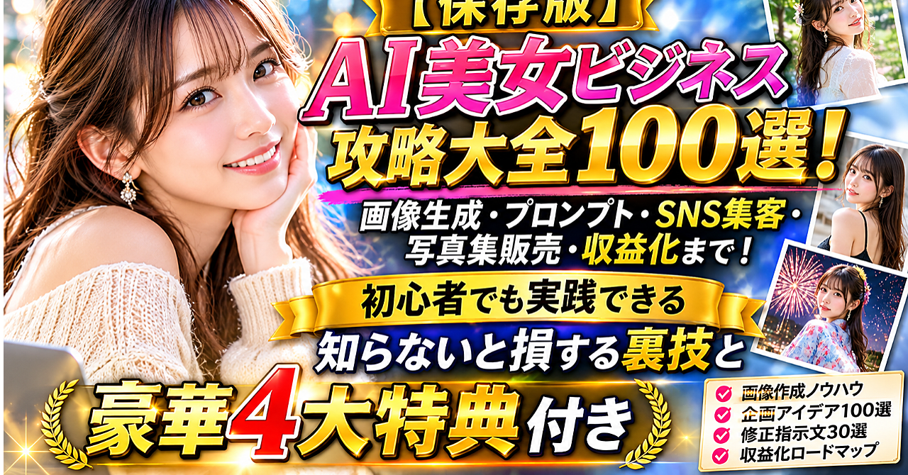【保存版】AI美女ビジネス攻略大全100選!画像生成・プロンプト・SNS集客・写真集販売・収益化まで!初心者でも実践できる知らないと損する裏技と豪華4大特典付きのアイキャッチ画像
