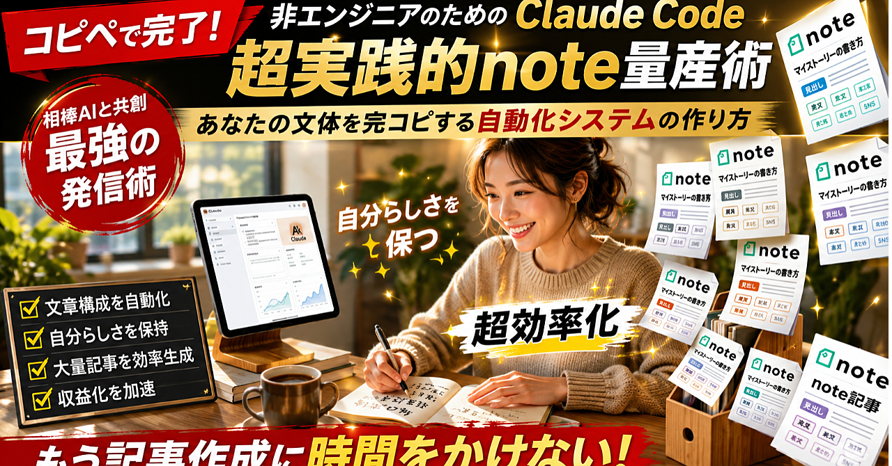 【コピペで完了】非エンジニアのための「Claude Code」超実践的note量産術〜あなたの文体を完コピする自動化システムの作り方〜