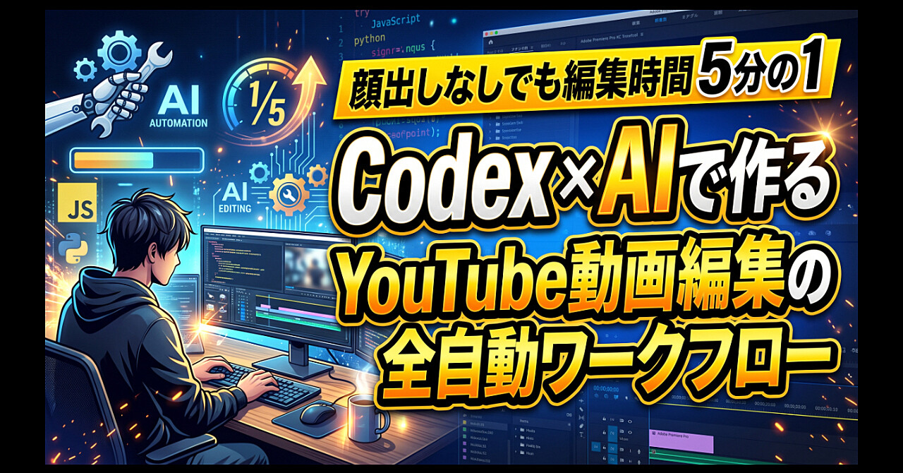 顔出しなしでも編集時間5分の1|Codex×AIで作るYouTube動画編集の全自動ワークフローのアイキャッチ画像