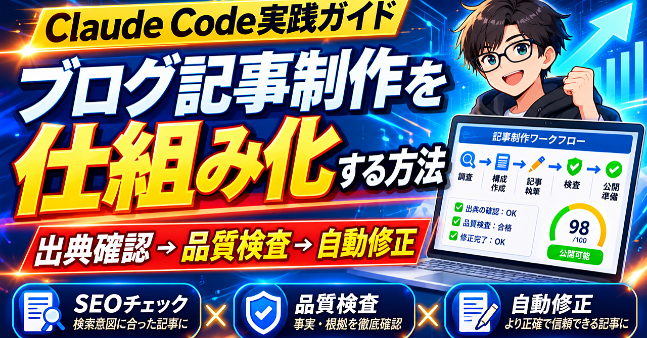 Claude Codeでブログ記事制作を仕組み化する方法|出典確認・品質検査・修正までの実践ガイドのアイキャッチ画像