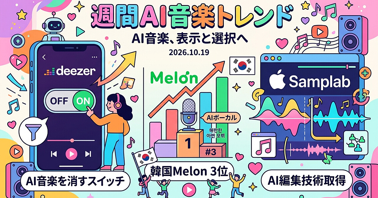 週間AI音楽トレンド|今、バズる・ウケている音楽生成AIの曲とアーティスト(基準日:2026年10月19日)のアイキャッチ画像