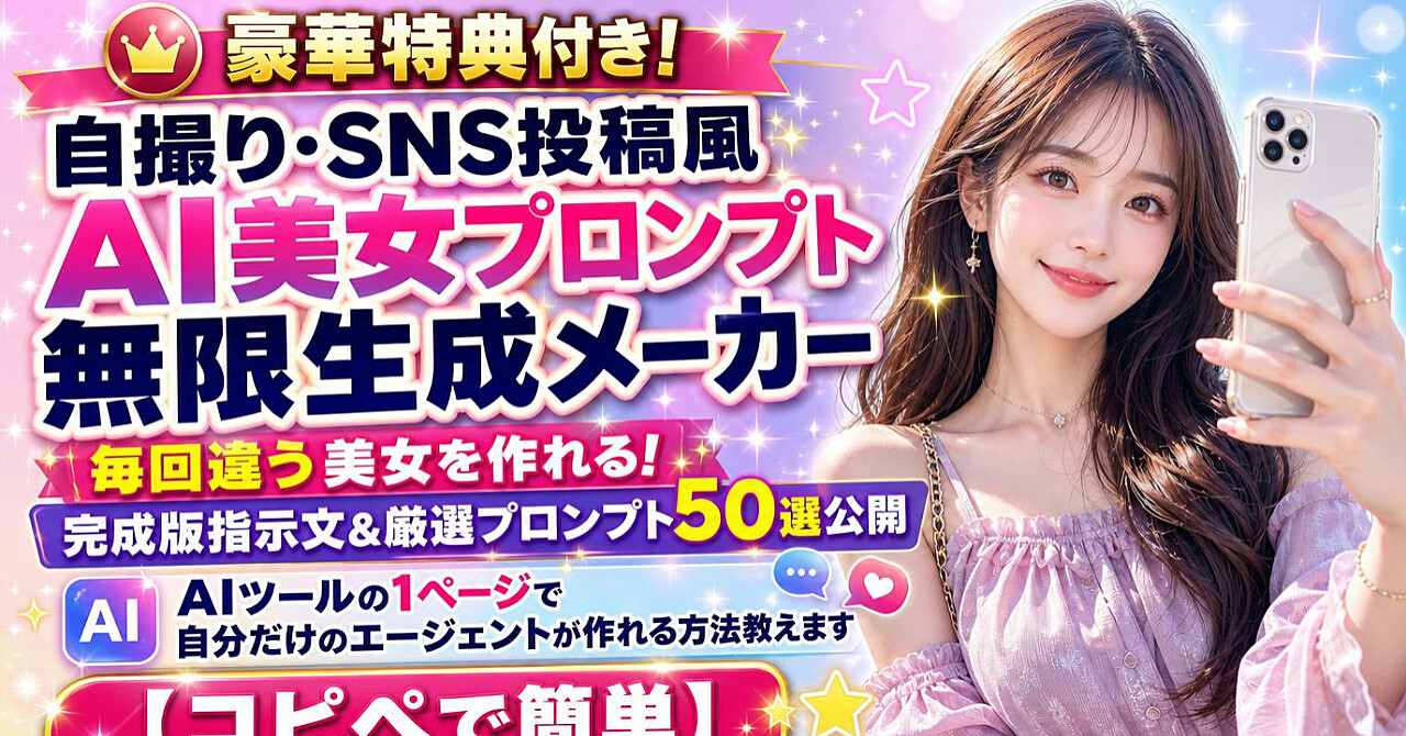 【特典付き】自撮り・SNS投稿風AI美女プロンプト無限生成メーカーを公開!毎回違う美女を作れる完成版指示文&厳選プロンプト50選公開 AIツールの1ページで自分だけのエージェントが作れる方法教えますのアイキャッチ画像