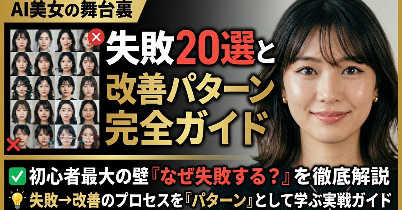 AI美女の裏側：失敗20選と“改善の型”大全
初心者が最もつまずく「なぜ失敗するのか？」を徹底解説。
失敗→改善のプロセスを“型”として学べる実用書。