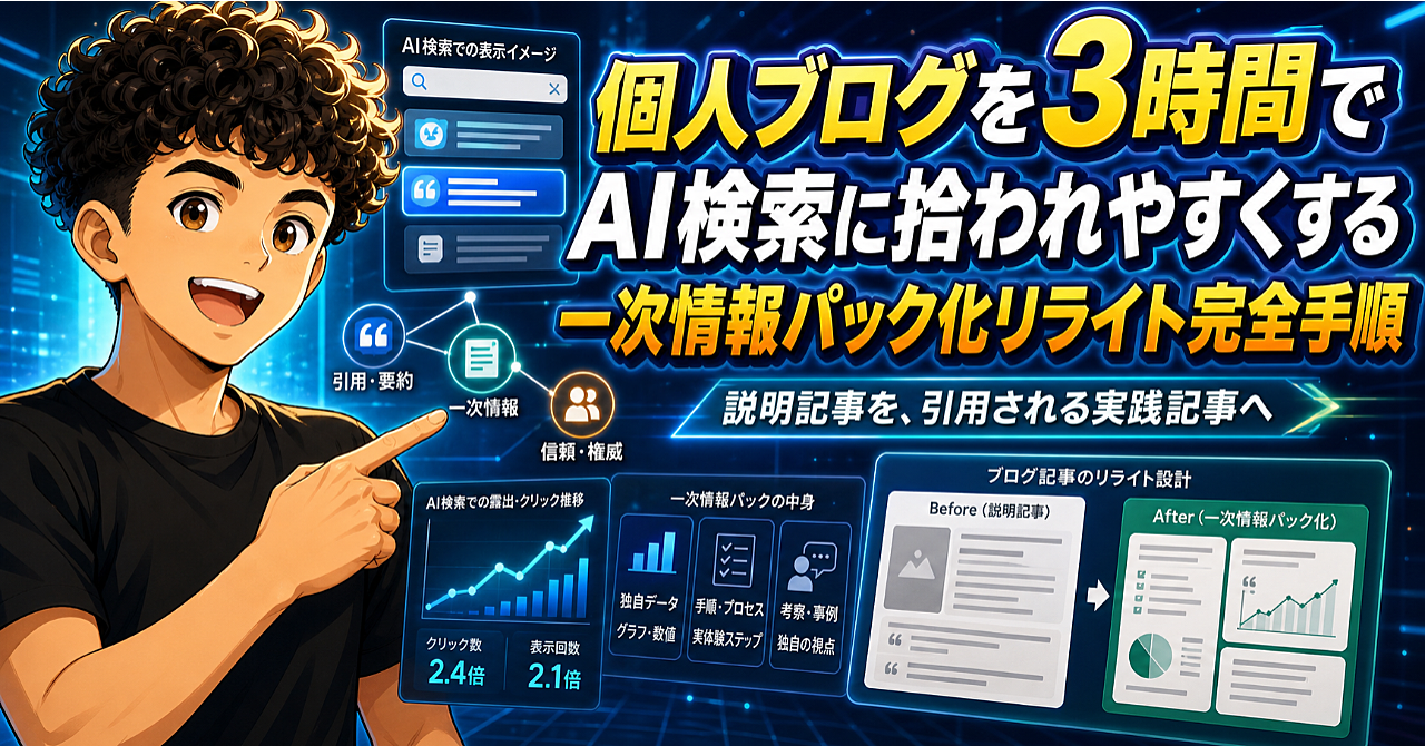 個人ブログを3時間でAI検索に拾われやすくする：リライトの教科書