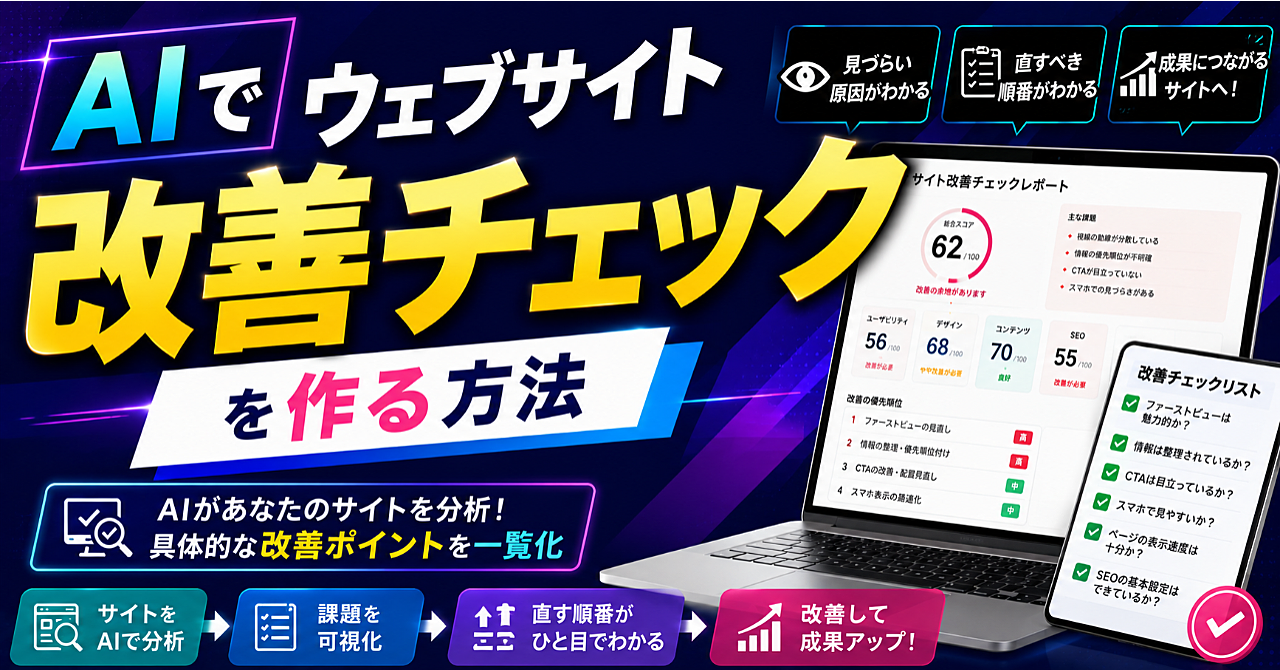 AIでウェブサイト改善チェックを作る方法｜見づらい原因と直す順番がわかるのアイキャッチ画像