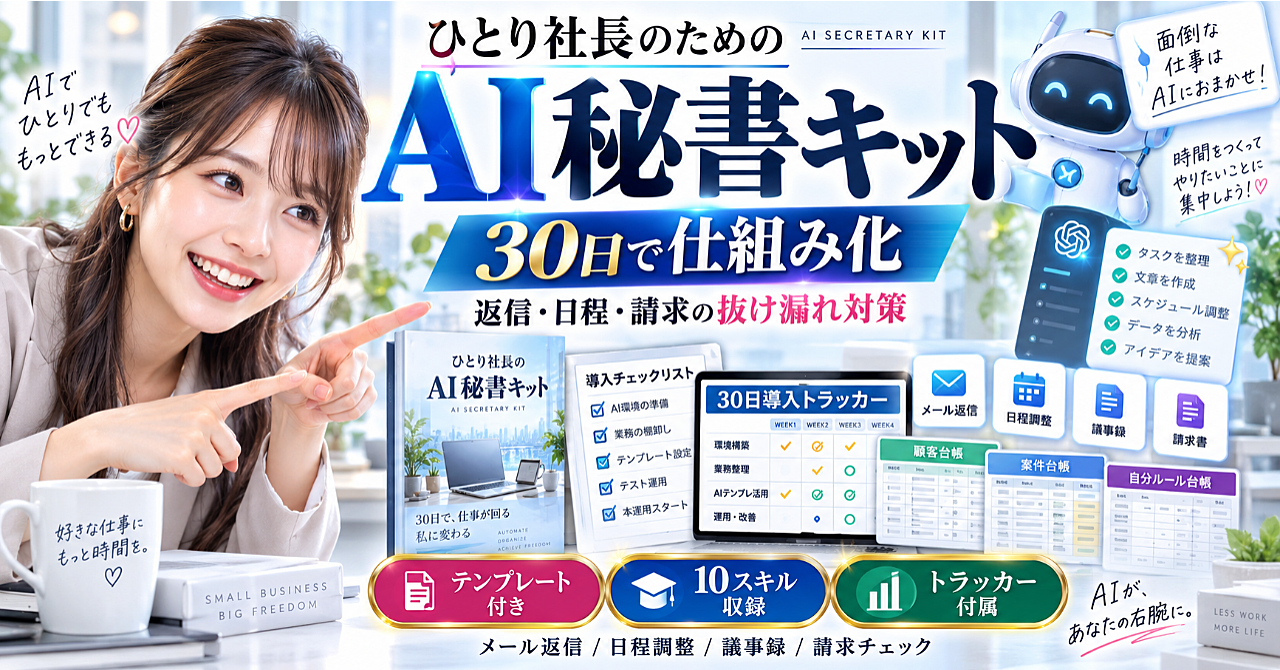 ひとり社長のAI秘書 30日導入キット|返信・日程・請求の抜け漏れをClaudeで止める教科書+秘書スキル10個のアイキャッチ画像