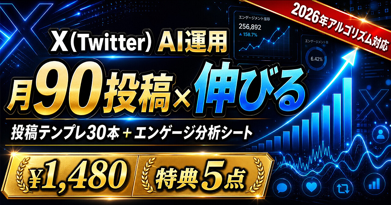 【X(Twitter) AI運用】月90投稿×伸びる7法則の完全マニュアル——投稿テンプレ30本＋エンゲージ分析シート＋アカウント設計書