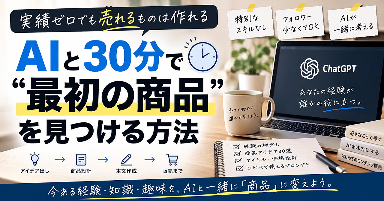 実績ゼロでも売るものは作れる|AIと30分で「最初の商品」を見つける方法【コピペ用プロンプト付き】のアイキャッチ画像