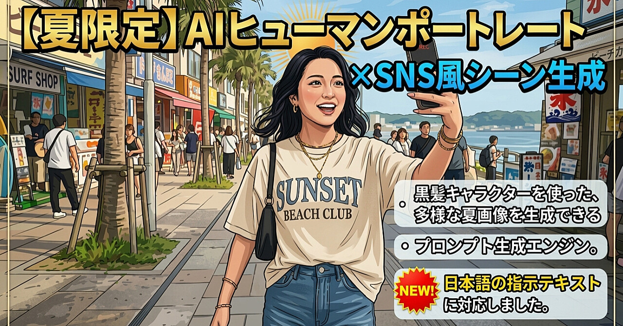 【夏限定】AI人物ポートレート × SNS風シーン生成
黒髪キャラクターで多彩な夏イメージを作れるプロンプト生成用エンジン　日本語指示文公開します　　