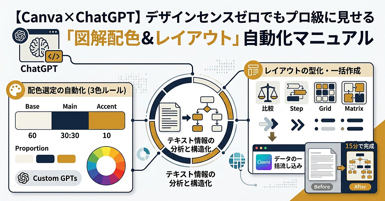【Canva×ChatGPT】デザインセンスゼロでもプロ級に見せる「図解配色&レイアウト」自動化マニュアルのアイキャッチ画像